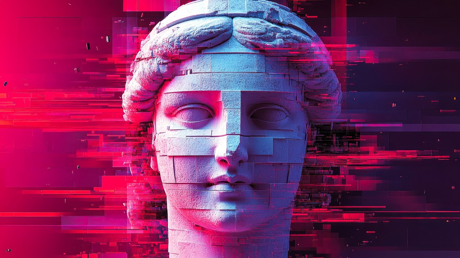 Apollo statue dissolving into pixelated light fragments, glitch-art, vibrant orange and purple tones --chaos 50 --ar 16:9 --style raw --stylize 500 --v 6.1 Job ID: 484f567f-3d2b-4166-a968-5d5546c220e1